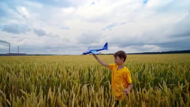 Dışarıda Oyuncak Uçağı Olan Küçük Bir Çocuk Sarı Alanda Yürüyen — Stok video