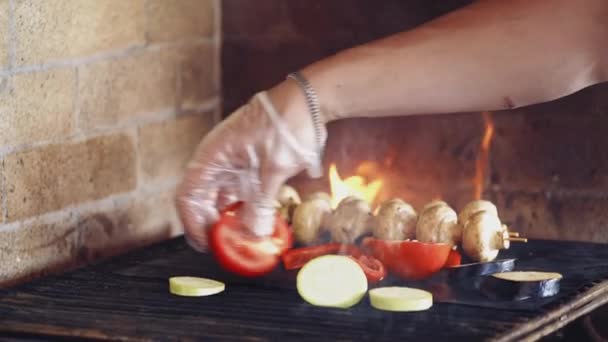 Grilluję Organiczne Jedzenie Ręka Profesjonalnego Kucharza Kładącego Świeże Kawałki Warzyw — Wideo stockowe