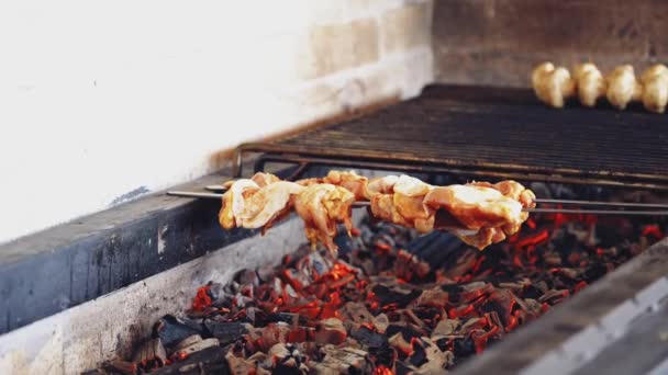 用木炭烹调美味的肉 肉在绞架上 在烤肉烤架上准备腌制的沙士力克 在绞架上烤的开胃肉 — 图库视频影像