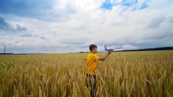 Anak Anak Kecil Dengan Mainan Pesawat Lapangan Sukses Dan Konsep — Stok Video