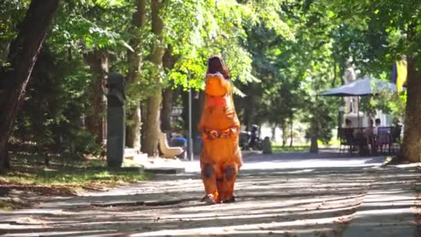 有趣的龙在户外 在阳光明媚的日子里 身穿橙色防爆龙服装在公园里散步的人 — 图库视频影像