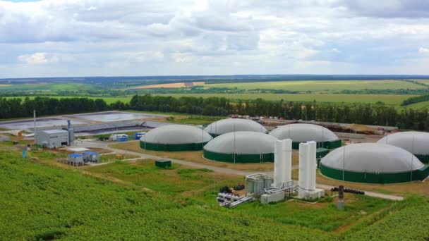 Complesso Biogas Contemporaneo Vasche Stoccaggio Rotonde Produzione Biomassa Fondo Verde — Video Stock