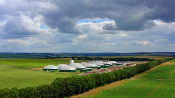 Modern Farm Field Biogas Plant Storage Tanks Blue Sky Renewable — Stock Video