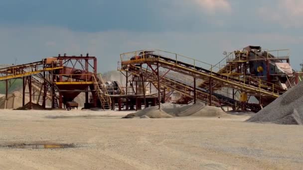 Industrial Plant Outdoors Stone Crusher Machine Piles Gravel Blue Sky — Stock Video