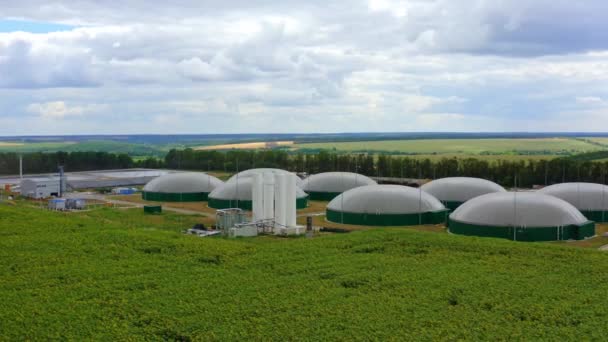 フィールド上の新しいバイオガス農場 夏の自然の中でバイオマス生産のための近代的な農業植物 エネルギー生産複合体 — ストック動画