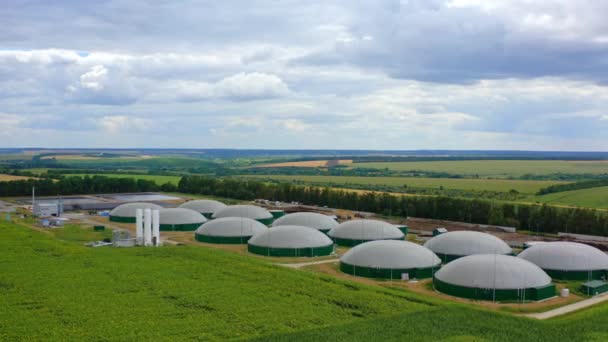 沼气在田里播种 有机农场 用于在绿色自然背景下发酵生物量 空中风景 相机移回 — 图库视频影像