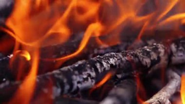 Ateşin hareketi. Turuncu ateş dilleri büküyor. Tahta kütükler alevler içinde. Barbekü için yanan odunlar. Yangın arka planında ahşap. Makro atış. Yavaş çekim.