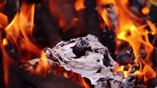 火中的纸片 燃烧着的圆木上明亮的橙色火焰 火焰的舞动 慢动作 — 图库视频影像