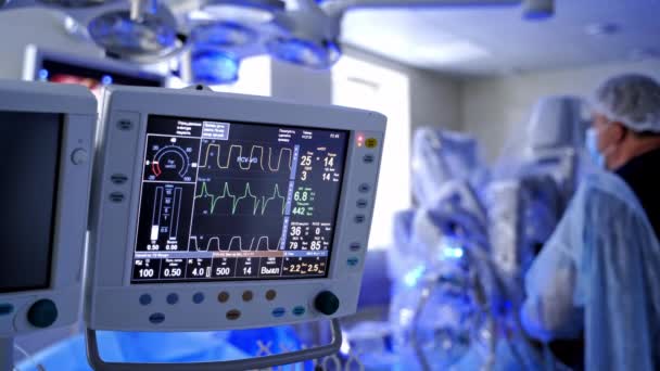 Bulanık Cerrahi Geçmişinde Anestezi Monitörü Tıbbi Monitör Yoğun Bakım Ünitesindeki — Stok video