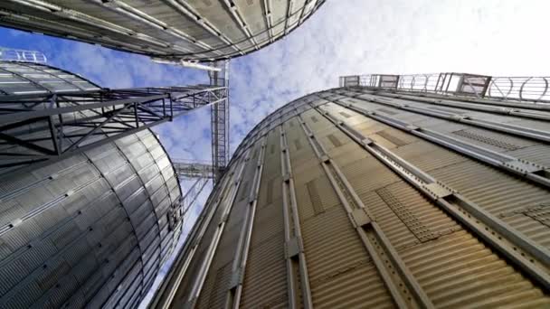 Aluminum Containers Storing Grains Exterior Large Metal Elevators Close View — Stock Video