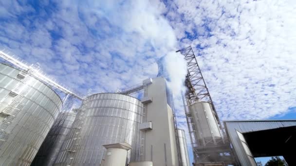 粮食贮存的现代工厂 来自工业厂房的浓烟 用于烘干谷物的大型银容器 污染环境 — 图库视频影像