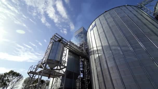 谷物升降机 用于种子干燥 现代谷物终端 白烟从谷物干燥综合体进入空气 室外电梯金属罐 — 图库视频影像