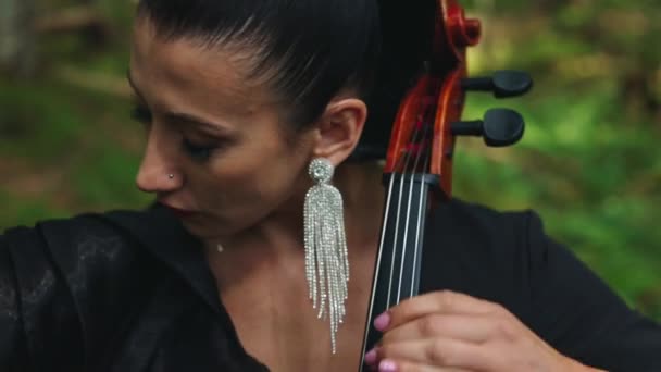 女音乐家在室外表演音乐 一个拿着豪华耳环弹奏乐器的女人的画像 后续行动 — 图库视频影像