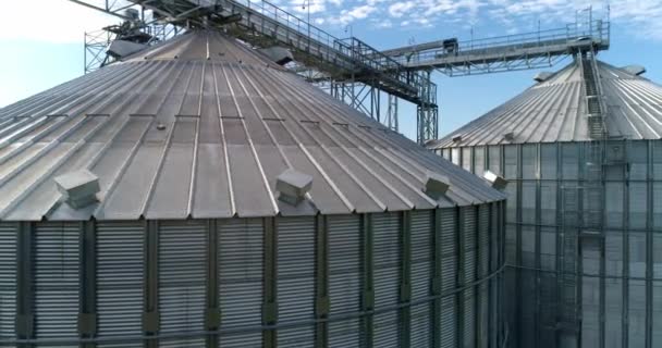 Великий Срібний Зерносховище Сучасні Зернові Ліфти Металеві Промислові Силоси Агробізнесу — стокове відео