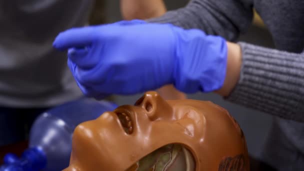 Learning Practice Mannequin Specialist Demonstrating Medical Procedure Dummy Head Training — Stock Video