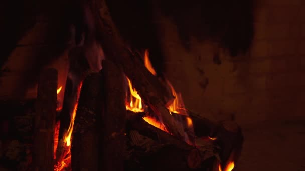暖炉で燃えている木製のログ 冬の季節に自宅でマントルの居心地の良い雰囲気 屋内で炎が燃えています クローズアップ — ストック動画