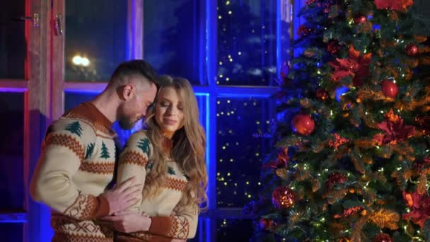 Young Couple New Year Beautiful Girl Guy Knitted Christmas Sweaters — Stock Video