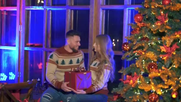 Couple Love Christmas Tree Handsome Man Giving His Girlfriend Big — Stock Video