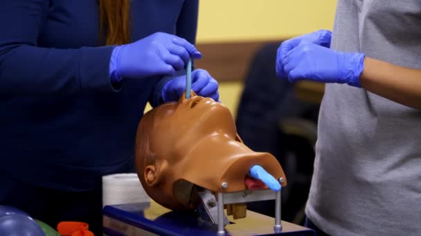 Medical Course Mannequin Head Specialist Teaches Student Medical Exercise Treating — Stock Video