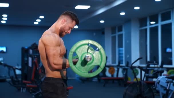 肌肉运动员用杠铃做运动 强壮的男人练胳膊肌肉 体操馆的健美肩操 — 图库视频影像