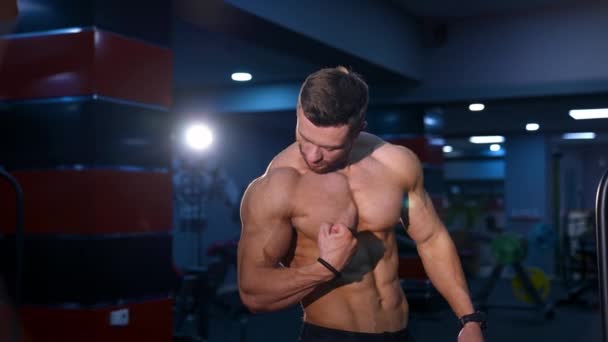 カメラにポーズするスポーツマン 裸のトーソのハンサムな男が筋肉体を示した スポーツセンターで訓練された二頭葉を持つボディービルダー — ストック動画