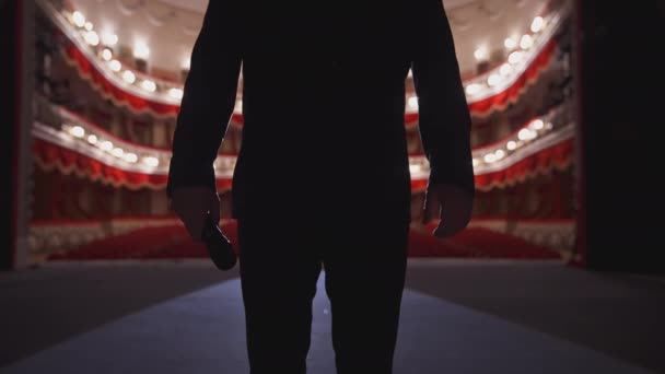 Unerkennbarer Mann Anzug Auf Der Bühne Silhouette Eines Sängers Mit — Stockvideo