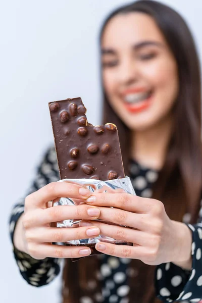 Woman Holding Chocolate Bar Her Hands Sweet Indulgence Woman Delighting — Stock Photo, Image