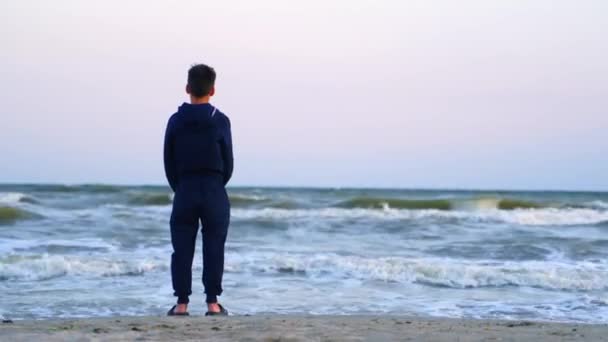 Rapaz Parado Praia Visão Traseira Menino Perto Mar — Vídeo de Stock