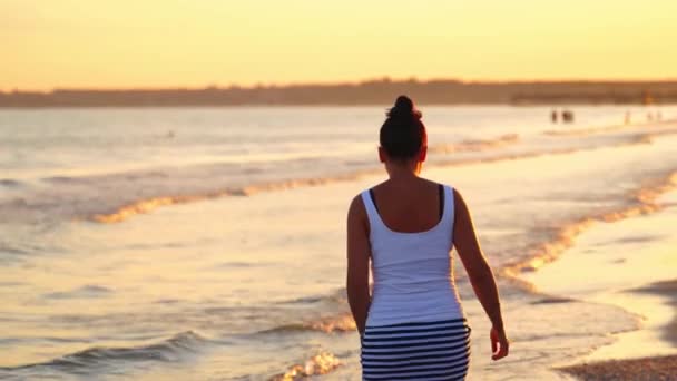 Uma Mulher Solitária Andar Praia Voltar Retrato Menina Andando Praia — Vídeo de Stock