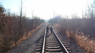 Ormanda demiryolunda yürüyen insanlar. Tren rayları boyunca yürüyen gezginler.