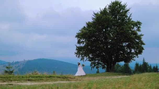 一个女人躺在高山上 在山的背景上摆出时髦的新娘的姿势 — 图库视频影像