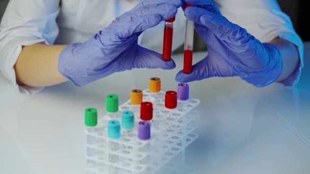 Medical Equipment Blood Test Hands Doctor Holding Bottles Blood — Stock Video