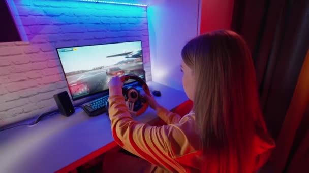Teen Playing Racing Computer Game Girl Playing Video Game Racing — Stock Video