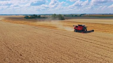 Hasat makinesinin hava görüntüsü. Alandaki büyük hasat aracının hava aracı görüntüsü