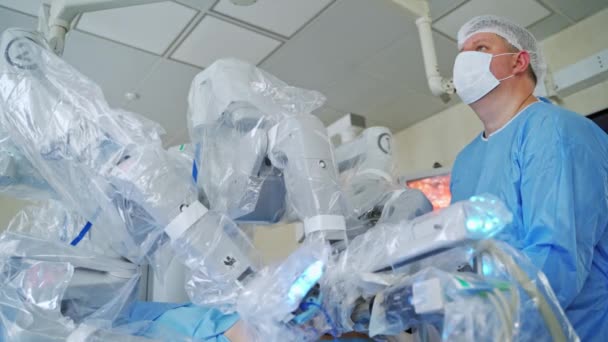 Tecnologias Médicas Modernas Sala Cirúrgica Com Tecnologia Robótica Vinci — Vídeo de Stock