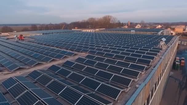 屋顶上的太阳能电池板工厂屋顶太阳能电池板的空中视图 — 图库视频影像