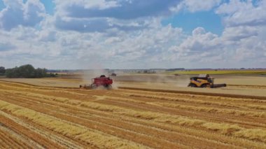 Buğday hasadı drone atışları. Toprak ekiminin havadan görünüşü ve hasat makinesinin hasat ettiği buğday tarlası.