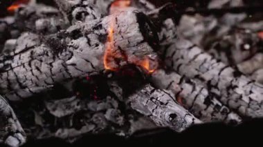Doğada ateş alevi. Izgarada yanan kömürlere yaklaş