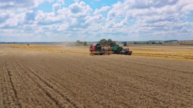 Buğday tarlasında çalışmayı birleştir. Buğday hasadı sırasında hasat ve traktör römorkuna dökülen buğdayı harman kombine eder.
