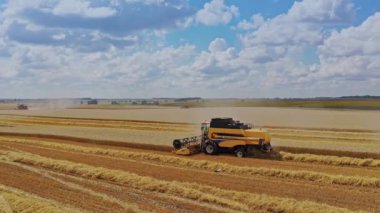 Hasatçı tarlada buğday biçti. Buğday tarlasını hasat eden tarım makinesini birleştirin.