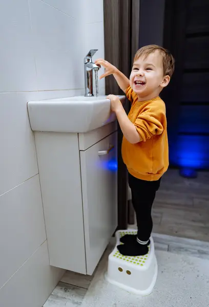 A little boy standing on a step stool next to a sink. A Little Boy Using a Step Stool to Reach the Sink