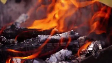 Yakıcı alev, yakın çekim. Barbekü için parlayan odunları kapatın.