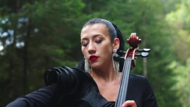 Flicka Leker Cello Utomhus Vacker Ung Kvinna Spelar Cello Utomhus — Stockvideo