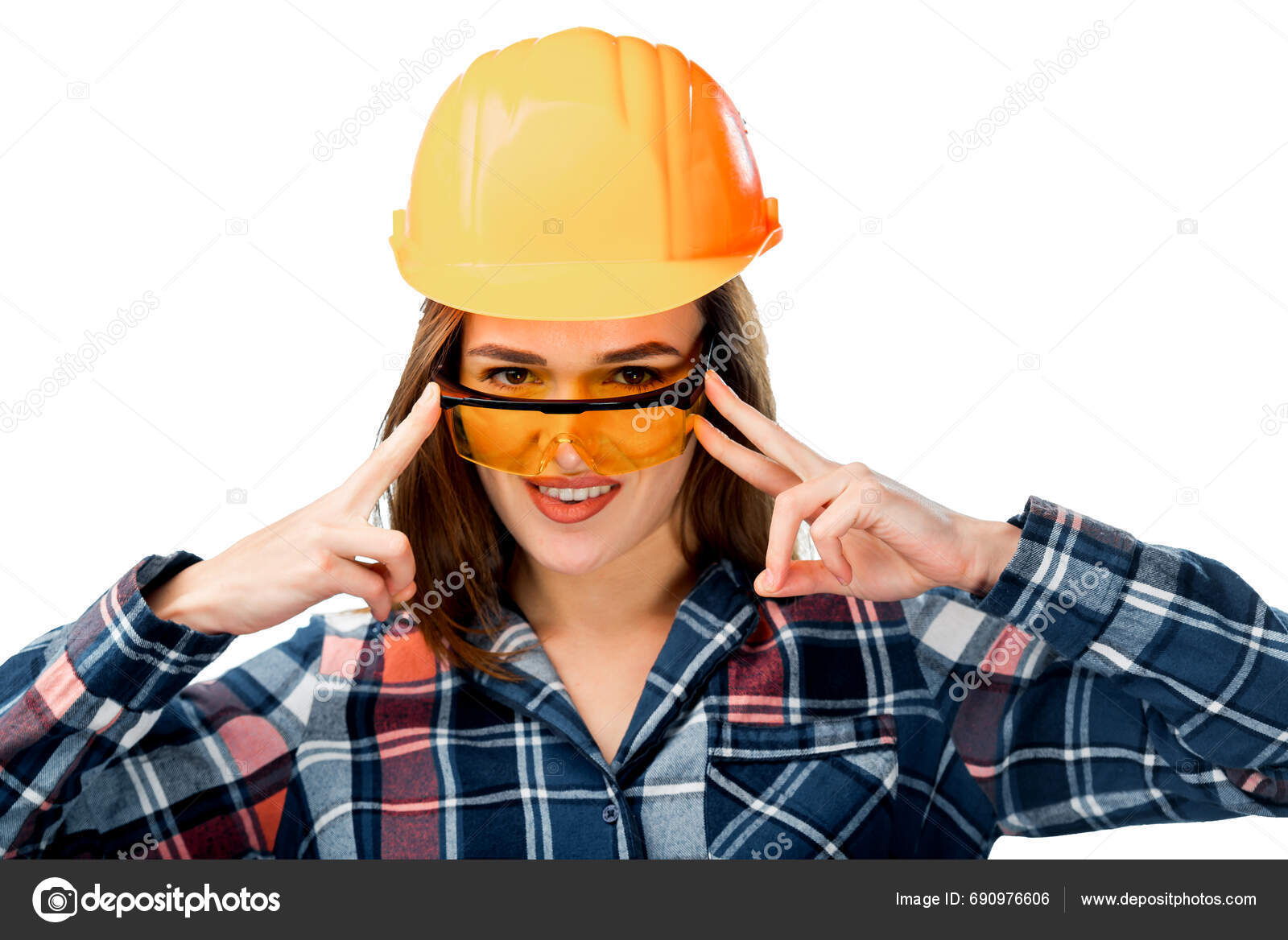  Woman Wearing Hard Hat Glasses Woman Wearing Hard Hat Glasses — Stock ...