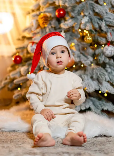 Baby First Christmas Festive Moment Joy Wonder Baby Wearing Santa Stock Image