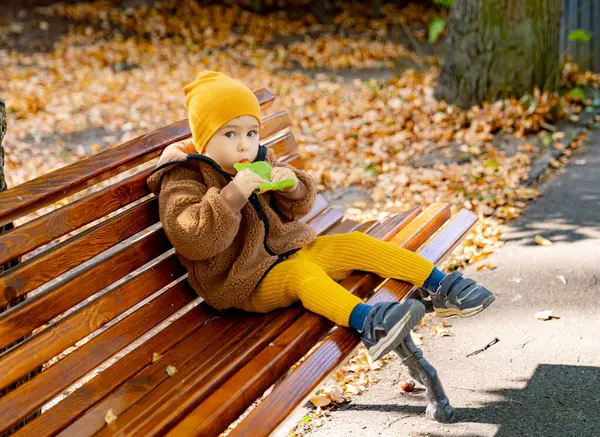 A Serene Moment: A Small Child Finding Peace and Joy on a Rustic Wooden Bench. A small child sitting on a wooden bench