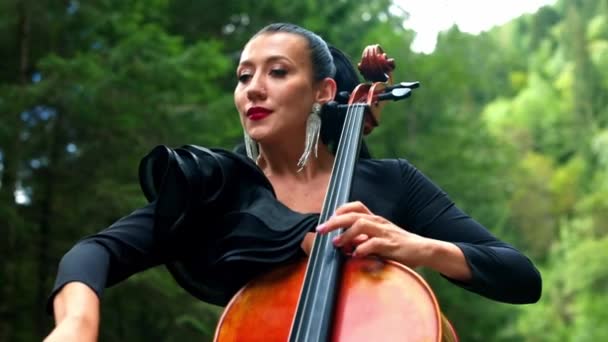 女人演奏大提琴的肖像 在大提琴室外表演音乐的妇女 — 图库视频影像