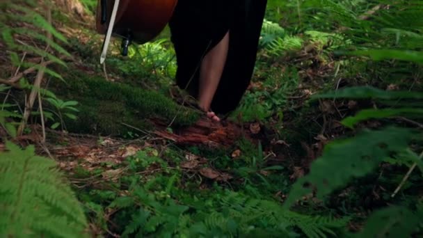和大提琴一起走的女人在森林中与大提琴同行的富有创造力的女人的近照 — 图库视频影像