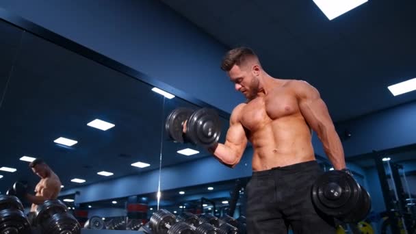 Fitness Model Dumbbell Athletic Man Exercising Dumbbells Gym — Stock Video