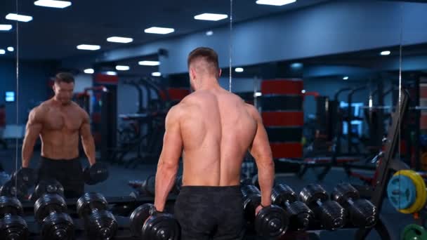筋肉の筋肉のための運動 ダンベルと仕事をしているスポーツマン — ストック動画